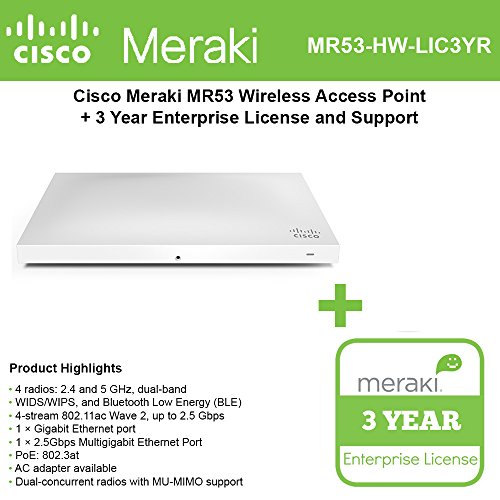 Image of Cisco Meraki MR53 Dual-Band, 4x4:4, 802.11ac Wave 2 High Performance Wireless Access Point with 3 Years Enterprise License