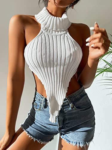 Verdusa Women's Backless Hanky Hem Turtleneck Sleeveless Knit Crop Halter Top White M - Image 4