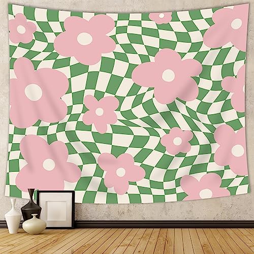 SVBright Green 1960 Vintage Flowers Fabric Wall Hanging Retro Pastel Abstract Tapestry 51Hx59W Inch 60S 70S Floral Hippie Aesthetic White Green Plaid Home Decor Art for Living Room Bedroom Dorm
