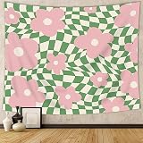 SVBright Green 1960 Vintage Flowers Fabric Wall Hanging Retro Pastel Abstract Tapestry 51Hx59W Inch