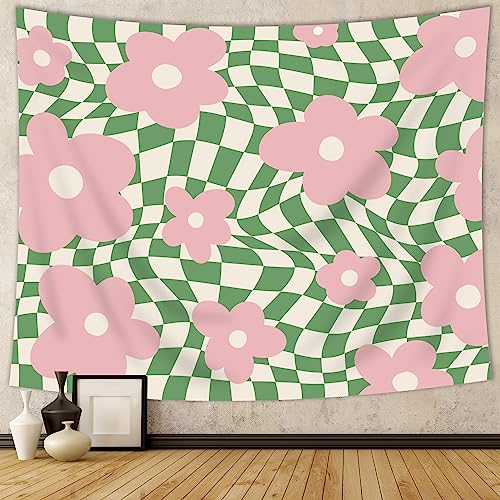 Svbright Green 1960 Vintage Flowers Fabric Wall Hanging Retro Pastel Abstract Tapestry 51Hx59W Inch 60S 70S Floral Hippie Aesthetic White Green Plaid Home Decor Art For Living Room Bedroom Dorm #TOP8