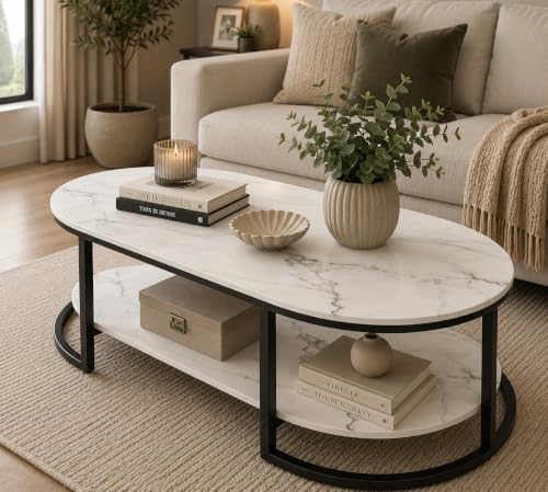 Image of Coffee Tables for Living Room Modern Coffee Table Oval Sofa Table Center Tables for Living Room 2 Tier Side Table Small Apartment Home Furniture Black Gold 2T (Black White)