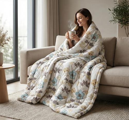 Image of VAS COLLECTIONS 220 GSM Reversible Microfiber AC Comforter /Duvet | Floral Pattern, 3-Layer Quilted All-Season Blanket for Double Bed (250 x 225 cm) | 2 kg (Pearl Aqua White, Double)