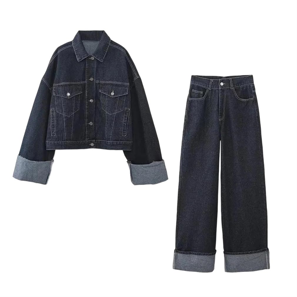 Womens Denim Pants Set Jacket Coat Single Breasted Long Sleeve Wide Leg Pants Pants Set