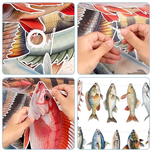 Image of Hooqict Fishing Hanging Banner Garland Fish Birthday Party Banner for Fish Birthday Party Decorations Gone Fishing Party Supplies Under The Sea Baby Shower Retirement Fathers Day Decorations