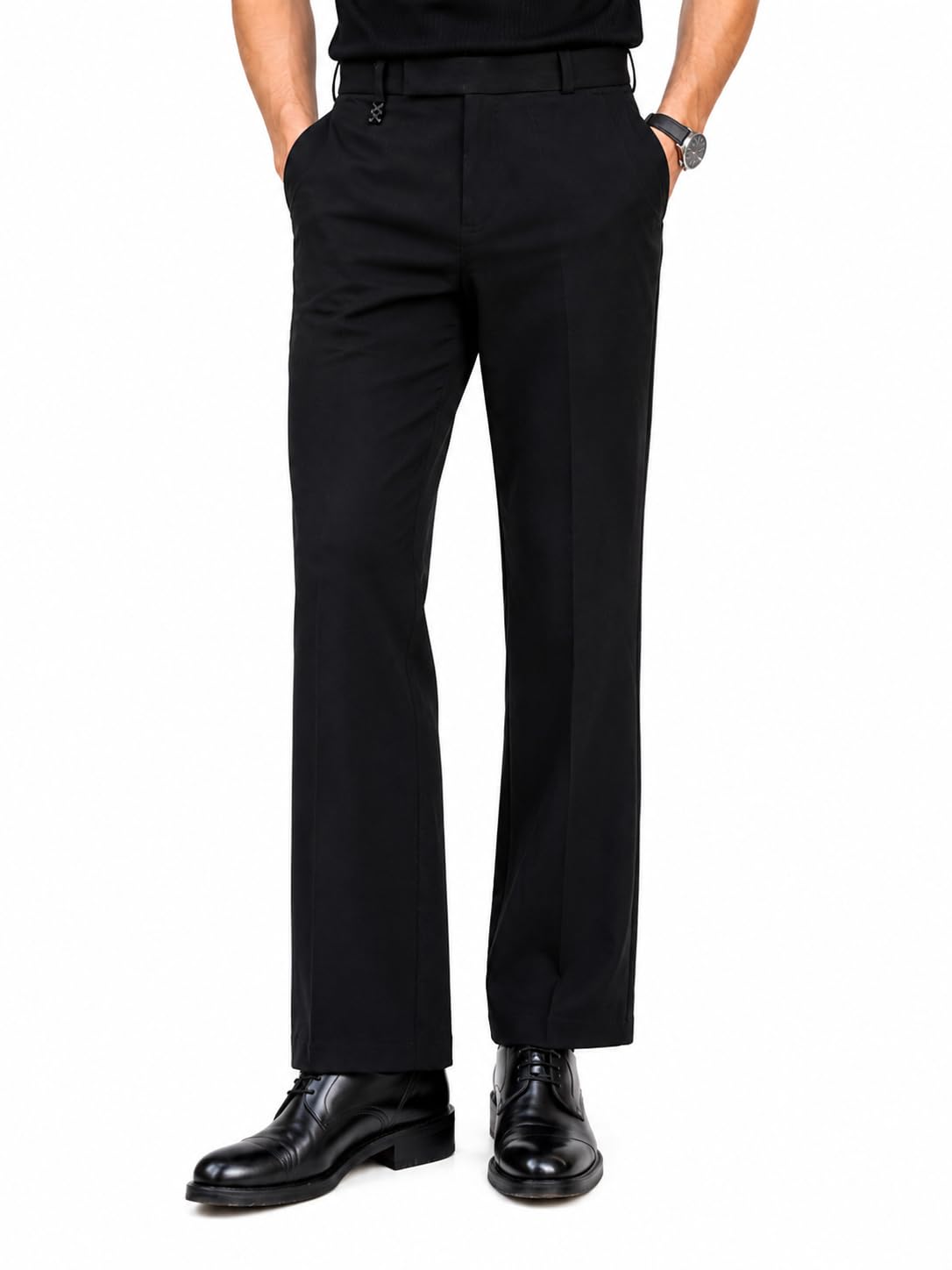 wildbattle Men’s Formal Smart Casual Trouser | Modern Tailored Fit Flat Front Pants | Premium Poly Viscose Elastane Blend | Stretchable Wrinkle Resistant Office Wear Trousers for Men(Black)-picture-10