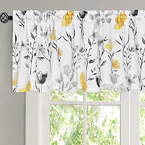 Vertkrea Valance Curtain, Yellow Flower Watercolor Valance For Window, Yellow Gray Floral Kitchen Curtains, Yellow White Rod Pocket Window Treatment Valance For Bathroom Basement, 52 X 18 Inches #TOP1