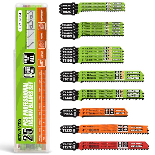 EZUVITA Lot de 25 Lames de Scie Sauteuse avec Étui de Rangement en Acier CR-V et HSS, Assortiment de Lames de Scie Sauteuse avec Tige en T pour Couper le Bois, le Plastique et le Métal