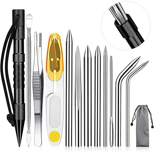Ferraycle 12 Pieces Paracord FID Set Stainless Steel Knotter Tools Marlinspike Set Paracord Stitching Lacing Stitching Needles and Smoothing Tool Knotter Tools for Leather or Paracord Work (Black)
