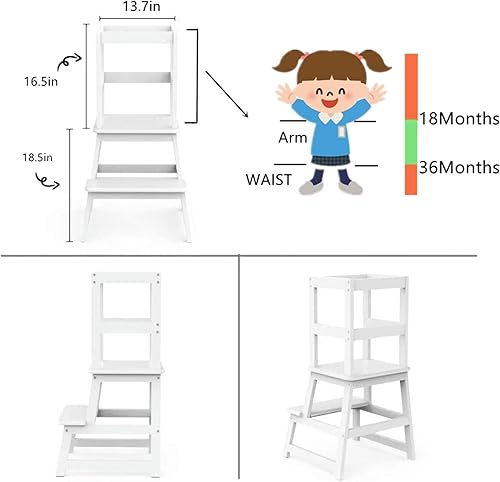 Miniatura 2 de Taburete de cocina para niños y niños pequeños con barandilla de seguridad, taburete blanco para niños, taburete de torre de pie para baño y cocina
