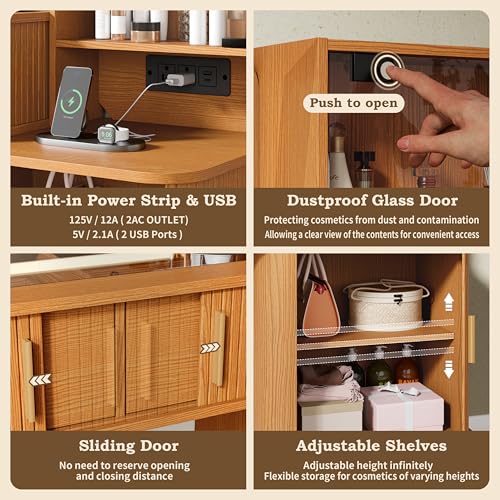 Image of 51 inch Fluted Makeup Vanity Desk with 4 Drawers & Adjustable Shelves,Dressing Table with Mirror and Lights, Large Vanity with Glass Top and Power Outlet for Bedroom (Yellow Walnut)