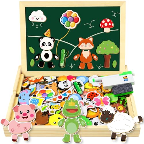 COOLJOY 120+ Stück Magnetspiel Spielzeug Ab 3 Jahre, Doppelseitige Magnettafel,Montessori Spielzeug Ab 2 3 Jahre,Holzpuzzle Doppelseitiger, Geschenk Ab 2 3 Jahre Mädchen Und Jungen