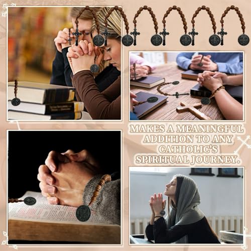 BONITTER 6 Pack Medalla de San Benitol and Crucifix, 9 Inch,Saint Benedict Medal Prayer Pocket Rosary Catholic Brown Wood Beads Cross4