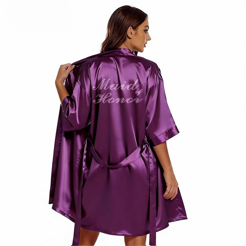Image of Women's Bride Bridesmaid Robes Short Satin One Size Silver Rhinestones Wedding Party Getting Ready Sleepwear