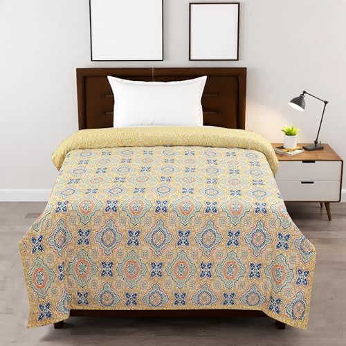 Image of IVAZA Luxury Ultrasonic Punch AC Comforter Blanket - Quilted Microfiber Floral Pattern, Lightweight Breathable All‑Season Blanket for Bedroom, Travel (Singled Bed,228x152 CM) Gold Beige
