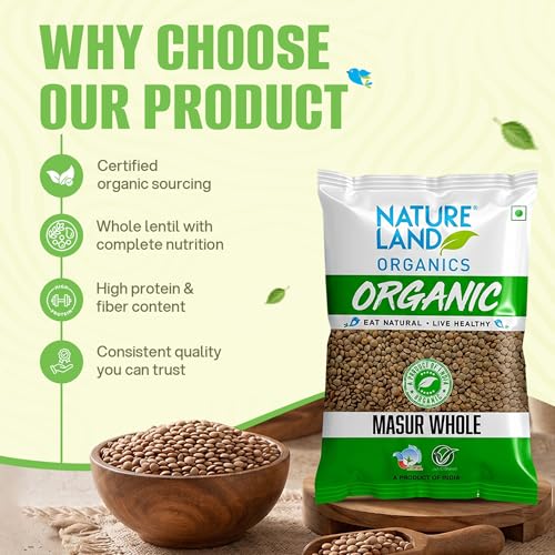 Image of Natureland Organics Masoor Whole /Sabut 500 Gm - Organic Healthy Pulses