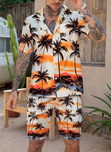 Men's Vacation Beach Outfits 2 Piece Shorts Set Tropical Floral and Palms Hawaiian Button Down Shirt and Shorts3