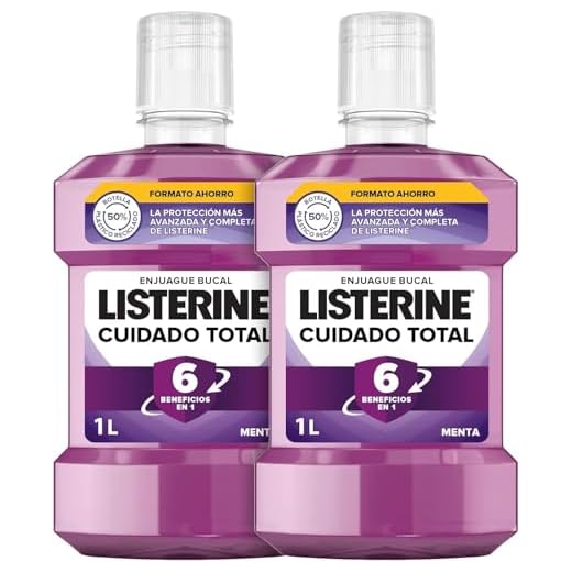 Listerine Cuidado Total (pack de 2 x 1 L), enjuague bucal con flúor, colutorio bucal con 6 beneficios en 1, elixir bucal para una limpieza bucal completa