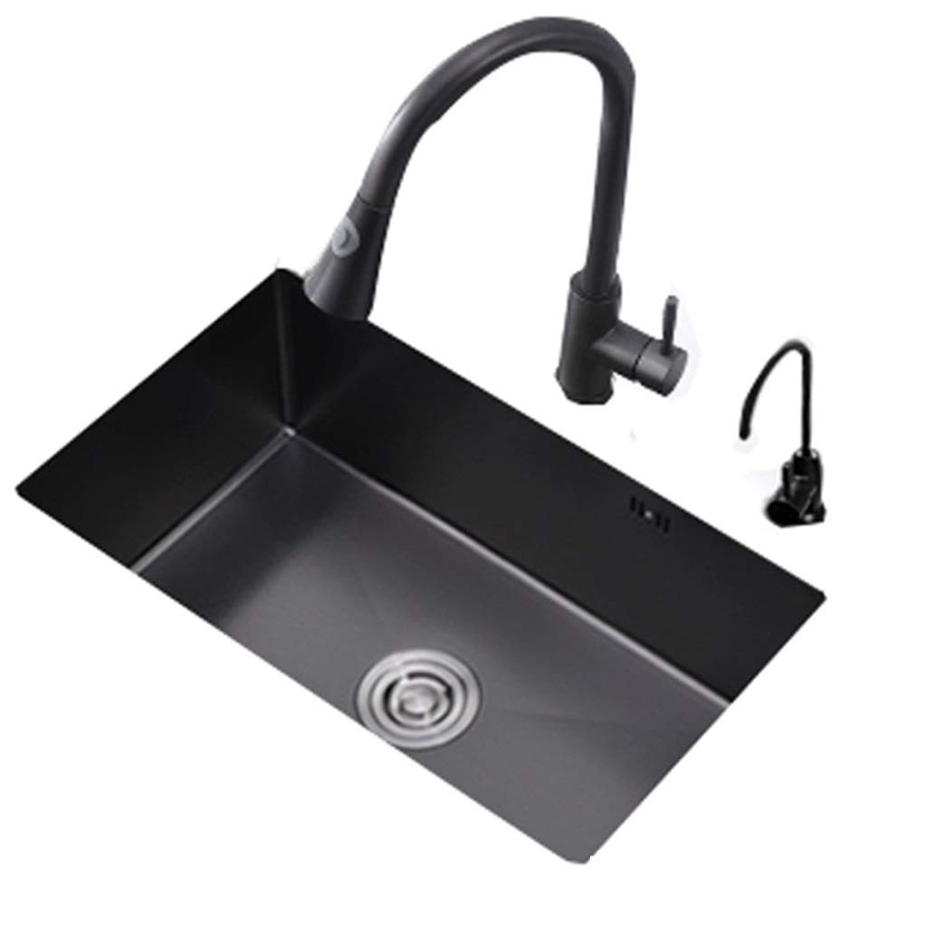 ZQFHSX Kitchen Sinks Fixtures Black 304 Stainless Steel Sink Rectangular Single Basin With Telescopic Faucet (Color : Black, Size 64 * 43cm)