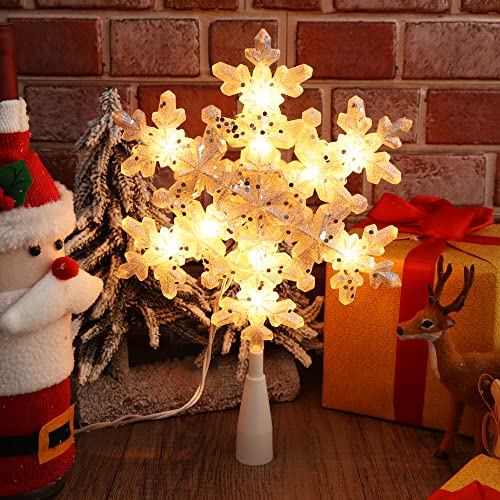 Brizled Silver Snowflake Tree Topper, 9" Christmas Tree Topper With 10 Warm White Lights, 120V Ul Certified Christmas Tree Star Topper, Glitter Snowflake Treetop For Christmas Tree Party Home Decor #TOP2