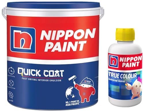 Image of Nippon Quick Coat Interior Emulsion Paint - White (10KG) + Universal Stainer (Fast Yellow, 100ml) - Customizable Wall Paint for any Room -Quick Drying, High Coverage, Long Lasting, Low VOC Formula