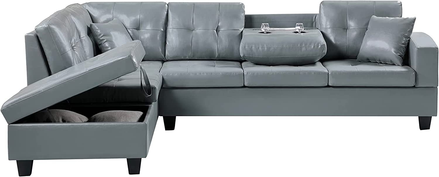 EMKK Right Sectional Sofa Couch with Faux Leather Left Chaise, Modern L Shaped Sofá w/Reversible Ottoman Cup Holder for Living Room Furniture Set,Apartment, Grey PU 1