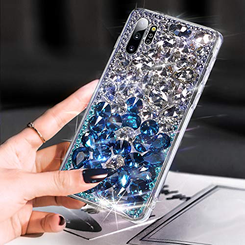 Case for Galaxy Note 10 Plus,Galaxy Note 10 Plus Diamond Case,3D Handmade Bling Rhinestone Diamonds Sparkle Case Girls Women Full Crystals Bling Diamond Case Cover for Galaxy Note 10 Plus,Blue+Clear