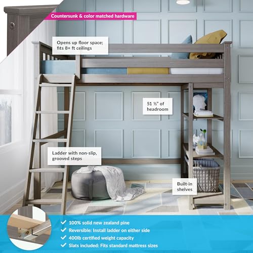 Image of Max & Lily High Loft Bed, Twin Bed Frame For Kids With Bookcase, Clay