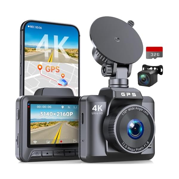 Dash Cam Front and Rear, Ecomoment 4K+1080P Dual Dash Camera for Cars, Built-in WiFi GPS Dashboard Camera, 2.4″ IPS Screen Dashcam, 170° Wide, Night Vision, WDR, G-Sensor, 32GB SD Card Included