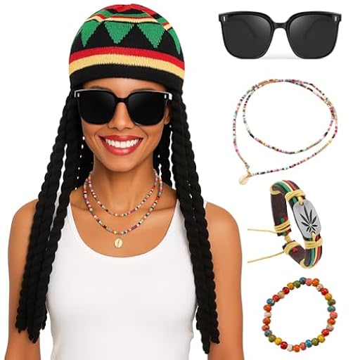 AYNKH - Juego de 5 accesorios para disfraz de Jamaicano, caribeño, gafas de sol negras, peluca trenzada, sombrero, pulsera, collar, mujer y hombre, fiesta de disfraz, Halloween, carnaval, | Ya disponible en tu tienda friki favorita! En mundofriki.es! AYNKH - Juego de 5 accesorios para disfraz de Jamaicano, caribeño, gafas de sol negras, peluca trenzada, sombrero, pulsera, collar, mujer y hombre, fiesta de disfraz, Halloween, carnaval, | Ya disponible en tu tienda friki favorita! En mundofriki.es!