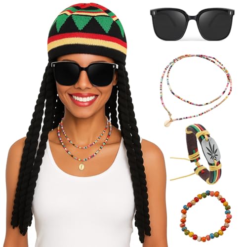 AYNKH 5PCS Accessoires Costume Reggae,Set Déguisement Jamaïcain,Caraïbes,Lunettes Soleil Noires,Perruque Tressée,Chapeau,Bracelet,Collier,Femmes Hommes Party Masquerade Cosplay Halloween Carnaval