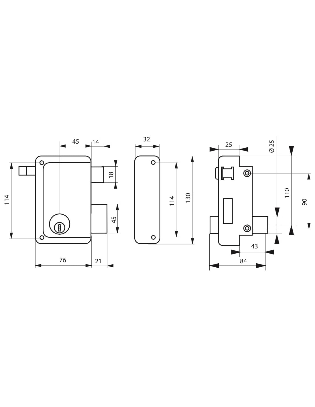 Serrure verticale en applique double entrée à tirage pour porte d'entrée, droit, 76x130mm, axe 45mm, noir, 3 clés - THIRARD