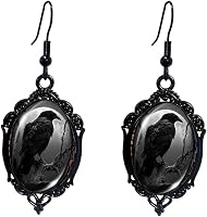 PINK TOWN Gothic Halloween Cameo Dangle Earrings: Vintage Crystal Witch Raven Bat Tree Punk Goth Jewelry for Women
