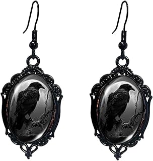 PINK TOWN Gothic Halloween Cameo Dangle Earrings: Vintage Crystal Witch Raven Bat Tree Punk Goth Jewelry for Women