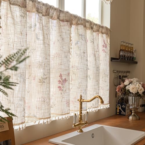 RoomTalks Boho Floral Kitchen Curtains 36 Inch Length 2 Panels Modern Farmhouse Vintage Wildflowers Chic Tassel Short Panels Privacy Linen Cute Tier Cafe Curtains for Small Window Kitchen Bathroom