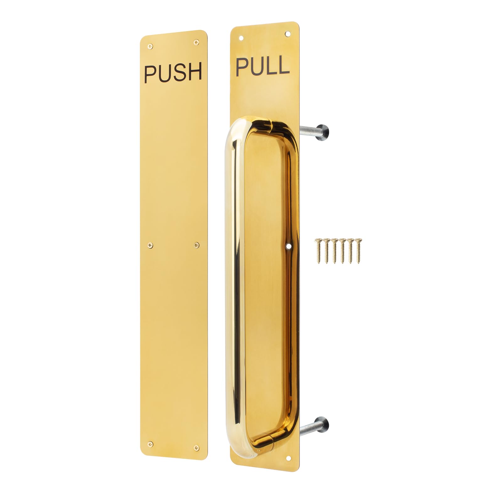 EAI Brass Push Pull Handle on Plate, 475 x 75mm Commercial Handle on Finger Plate Polished Brass for Schools, Offices, Shops & More