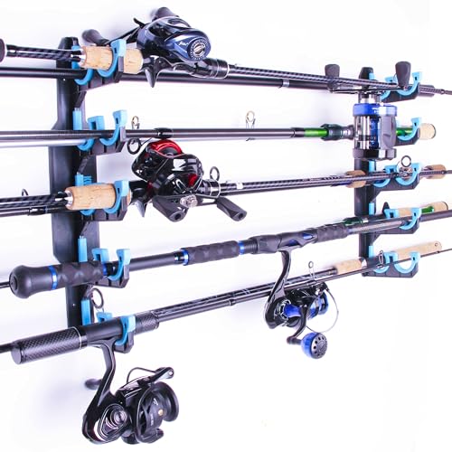 KULPORT Fishing Rod Holders for Garage, Wall or Ceiling Mounted Fishing Rod Rack, Fishing Pole Holders with Soft Protective Pad, Holds up to 10 Rod or Combos or Nets Storage (1 PACK)