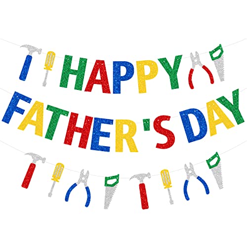Image of Happy Father's Day Glitter Banner Bunting Banner for Dad Father's Party Decorations Backdrop Garland for Father's Day (Tool Set Colorful)