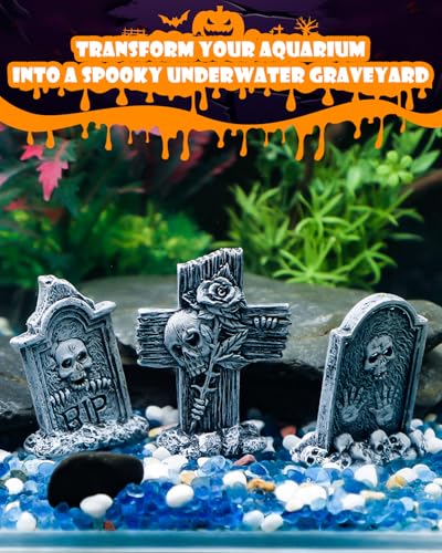 Image of Uniclife 3 Pcs Halloween Miniature Tombstones Decorations, Halloween Fish Tank Decor, Resin Mini Tombstones Figurines, RIP Cross Skull Graveyard Gravestones, Small Spooky Town Village Accessories