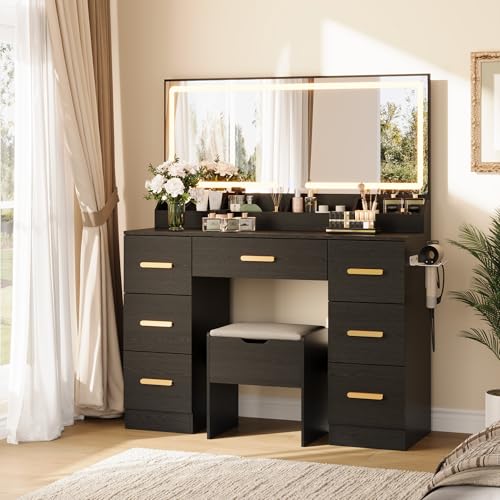 Garvee Vanity Desk with Large Mirror and Lights, 45.9In Makeup Vanity Desk, 3 Lighting Modes Adjustable Brightness, Vanity Table with Power Outlet &8 Drawers, for Powder Room and Bedroom
