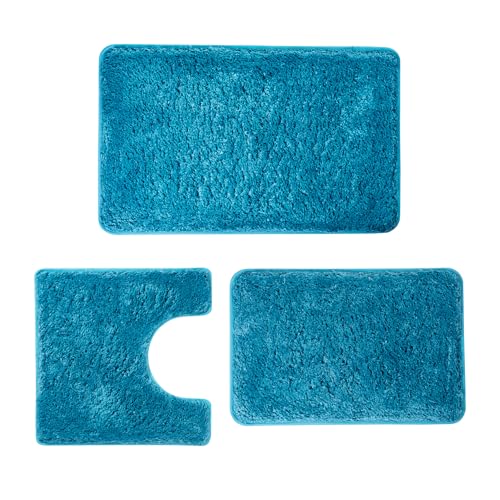 WCBSTT 3 Pieces Luxury Bathroom Rug Set with U-Shaped Toilet Rug, Non-Slip Rubber Bottom, Thick Microfiber Fluffy Plush, Water Absorption, Quick Dry, Ultra Soft, Bath Mats for Bathroom, Tub(Turquoise)