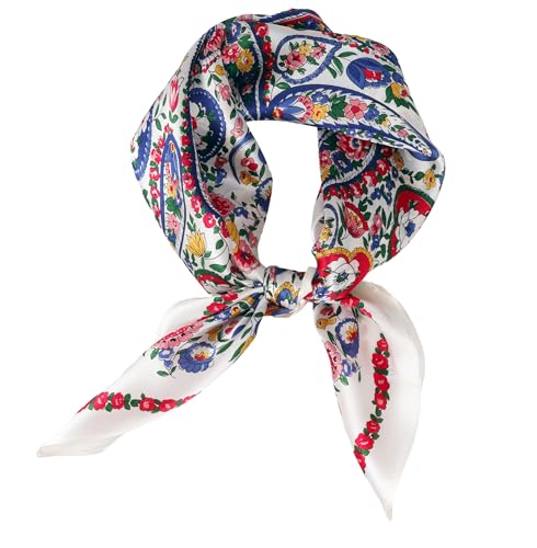 MEISEE 100% Pure Mulberry Silk Scarf 21 Square Scarf Neckerchief Headscarf Breathable Lightweight for Women Gift Packed (M3 White Blue Red Cashew Floral)