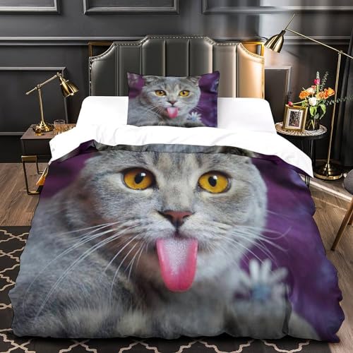 Housse de couette chat mignon 3D idée cadeau lit 3 pièces 135x200 cm - 4