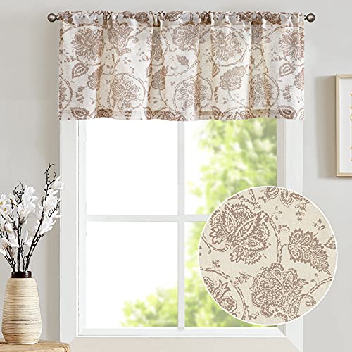 jinchan Valances for Windows Linen Textured Valance Curtain for Kitchen Rod Pocket Small Window Curtains Medallion Design Rustic Jacobean Floral Printed Valance 1 Panel 18 Inch Taupe on Beige