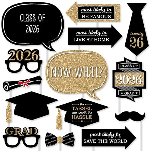 Big Dot of Happiness Graduation Props for Photoshoot 2026, 20-Count Set of High School Senior Photo Booth Props for Pictures and Graduation Party Decorations - Gold