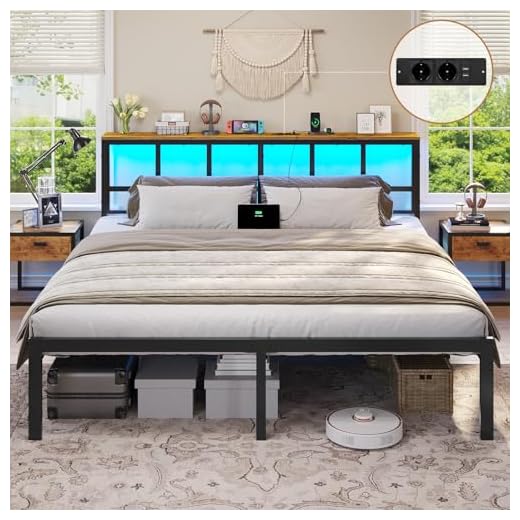 Brinlawb Cadre de Lit 160x200 avec Sommier Métal Lit 2 Personnes avec Lumières LED & Multiprise (2 Prises AC, 2 Ports USB) lit double 160x200 cm avec Rangement, Facile à Assembler, Marron Vintage+Noir