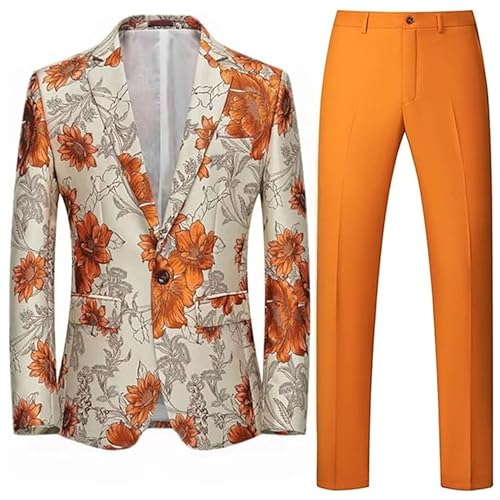 Mens 2 Piece Floral Dress Suit One Button Dinner Tuxedo Jacket & Pants Luxury Printed Wedding Blazer