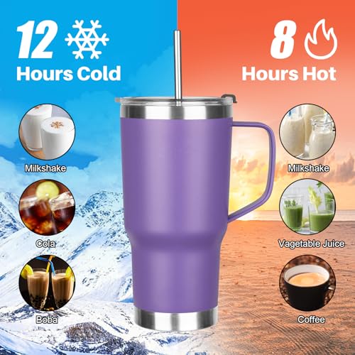 Image of 20 oz Tumbler with Handle, Stainless Steel Insulated Tumbler with Lid and Straw, Double Wall Vacuum Coffee Mug Tumbler, Insulated Coffee Thermal Cup for Cold and Hot (Purple)