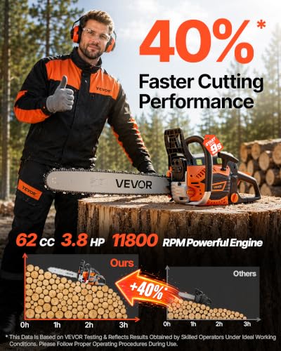 Image of VEVOR Gas Powered Chainsaw 20 & 22 Inch 62CC 3.8HP 2 Stroke Engine Saw