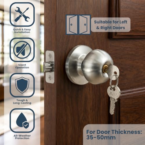 Image of GripFit Cylindrical Door Lock | 60mm | Stainless Steel Finish | with Key | for Bedroom, Bathroom & Office Door